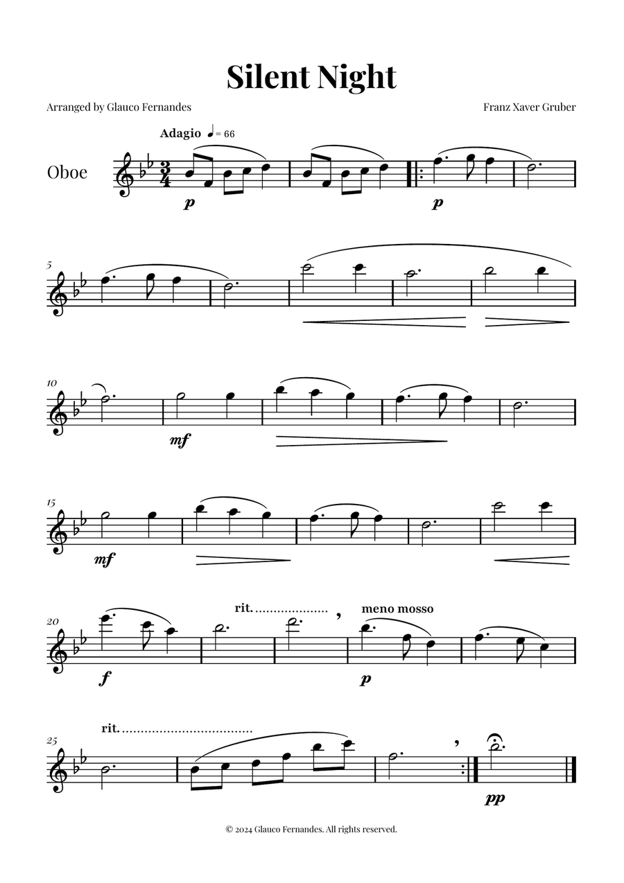 Silent Night | BEAUTIFUL Arrangement Oboe Solo scores gallery preview page 1