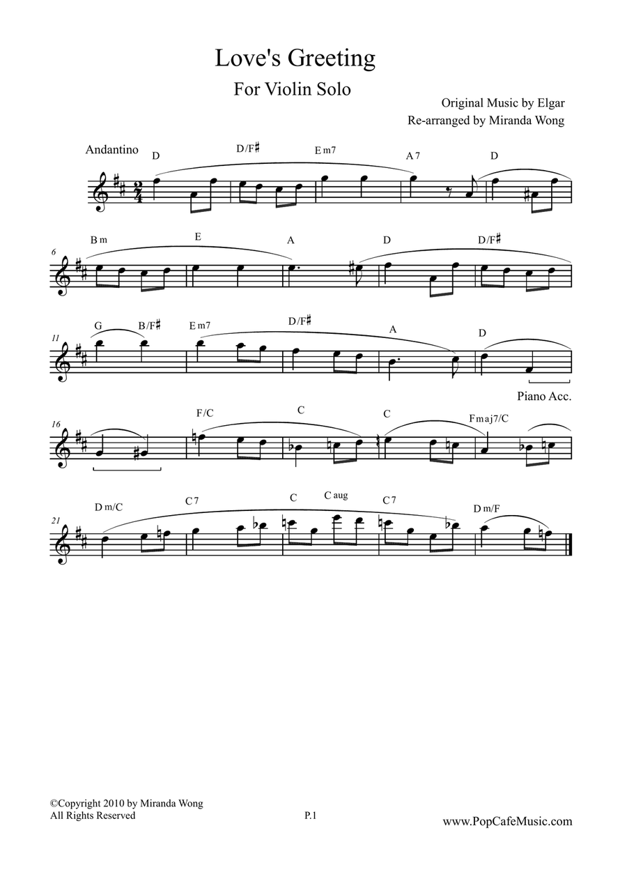 Love's Greeting (Salut d' Amour) in D Key - Lovely Version for Violin Solo String Duet scores gallery preview page 1