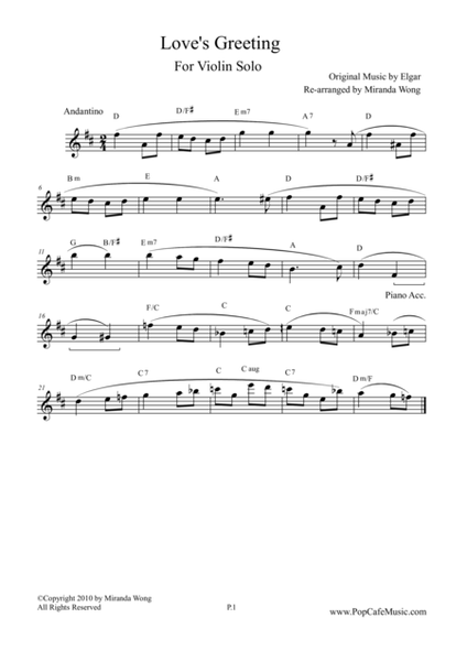 Love's Greeting (Salut d' Amour) in D Key - Lovely Version for Violin Solo image number null