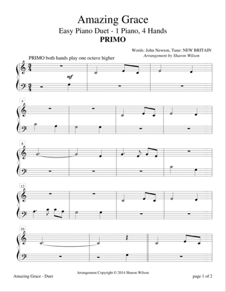Amazing Grace (Easy Piano Duet, 1 Piano, 4 Hands)