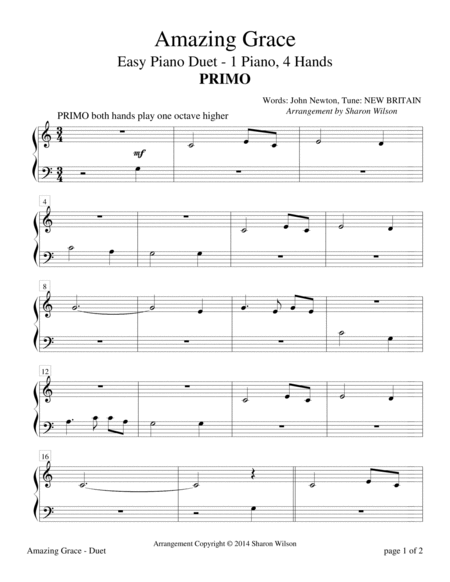 Amazing Grace (Easy Piano Duet, 1 Piano, 4 Hands) by Sharon Wilson Easy Piano - Digital Sheet Music