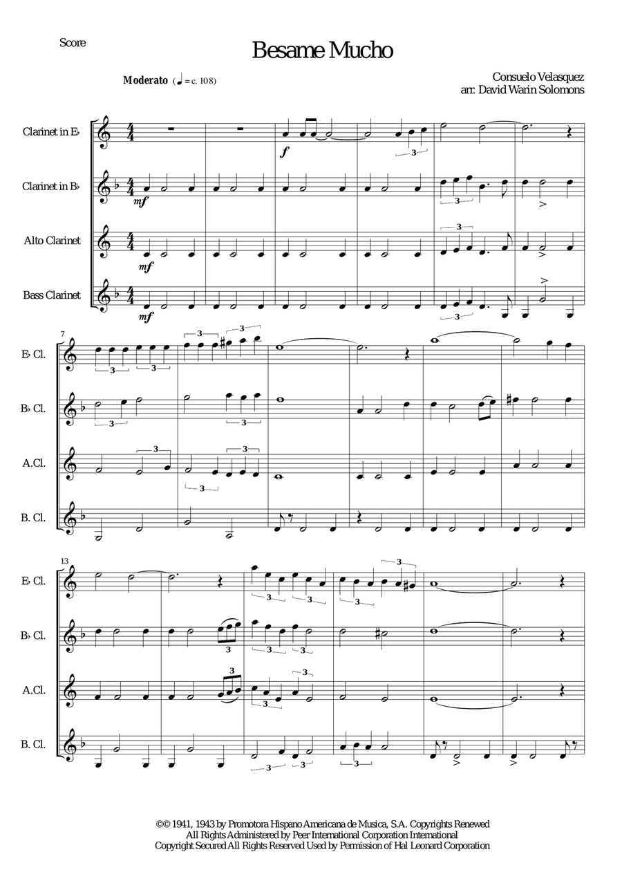 Besame Mucho (Kiss Me Much) Clarinet Quartet scores gallery preview page 1