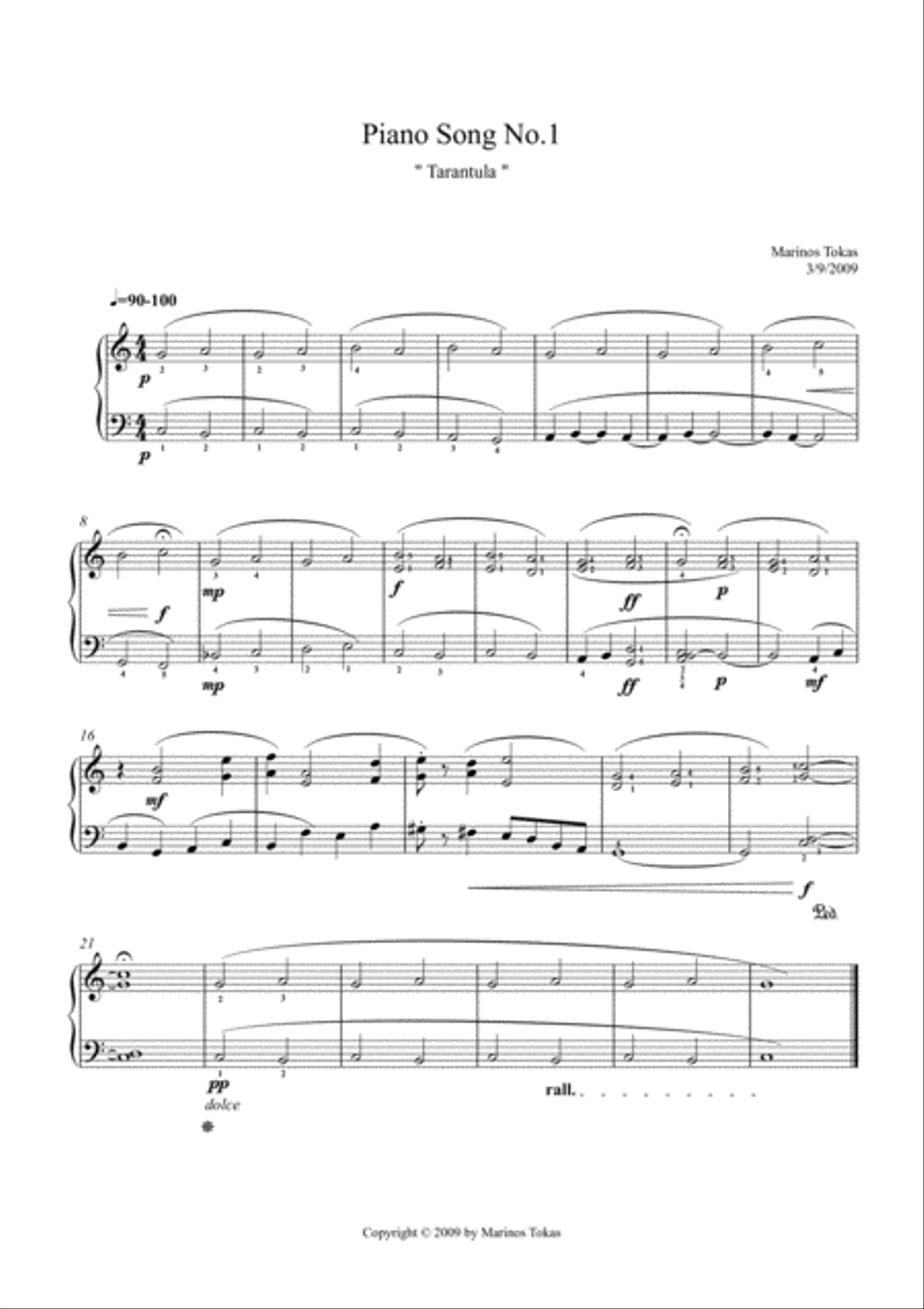 Piano Song No.1 - Tarantula Easy Piano scores gallery preview page 1