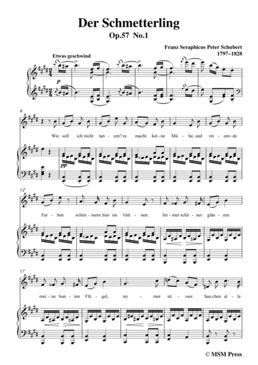 Schubert-Der Schmetterling,Op.57 No.1,in E Major,for Voice&Piano image number null