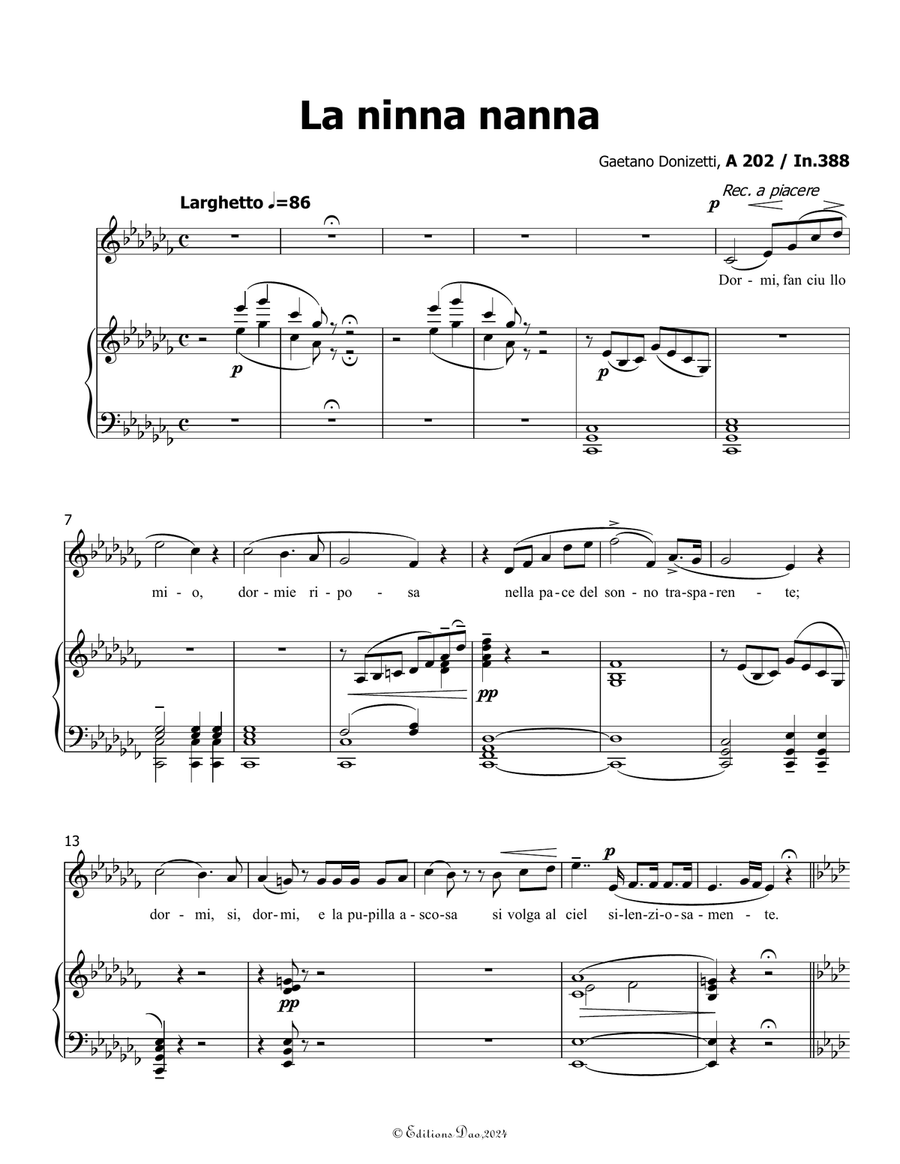 La ninna nanna, by Donizetti, A 202, in a flat minor Piano, Vocal scores gallery preview page 3