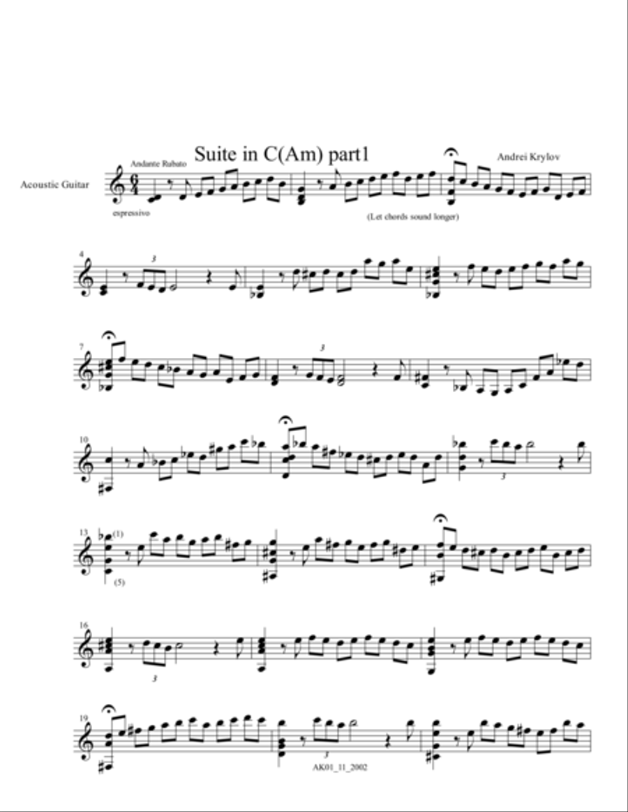 Prelude dedicated to J.S.Bach, part 1 from little suite for guitar in C, music for Classical guitar Acoustic Guitar scores gallery preview page 1