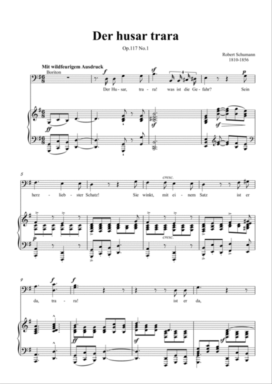 Schumann-Der husar trara Op.117 No.1 in G Major for Voice and Piano Voice Solo scores gallery preview page 2