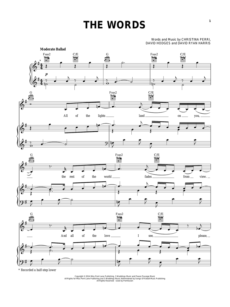 The Words Piano, Vocal, Guitar scores gallery preview page 1