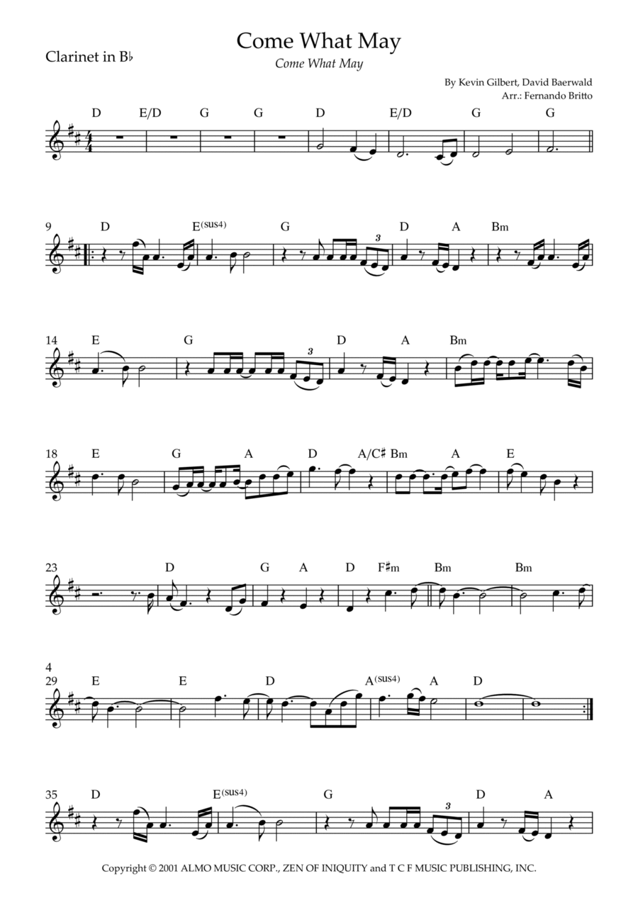 Come What May Clarinet Solo scores gallery preview page 1