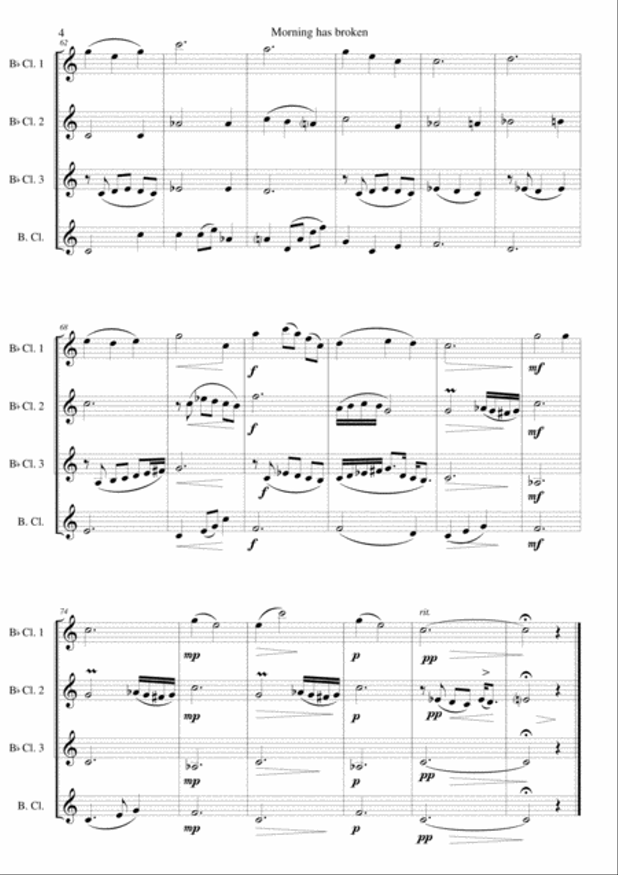 Variations on Morning has broken (Bunessan) for clarinet quartet (3 B flats and 1 bass) Clarinet Quartet scores gallery preview page 4