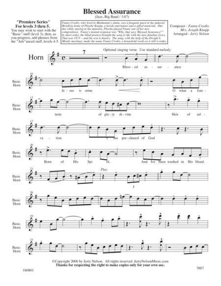 Blessed Assurance (Arrangements Level 3-5 for HORN + Written Accomp) HYMN image number null