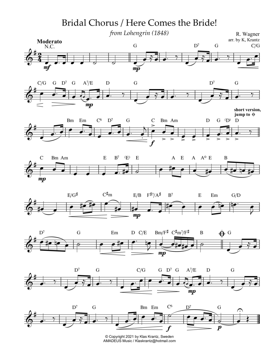 Bridal Chorus / Here Comes the Bride! lead sheet with guitar chords (G Major) Easy Guitar scores gallery preview page 1