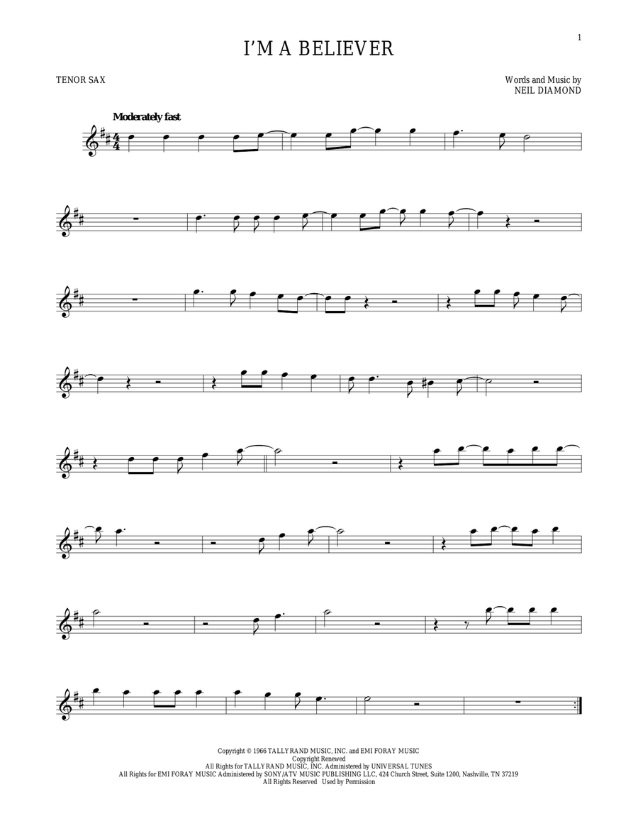 I'm A Believer Tenor Saxophone scores gallery preview page 1