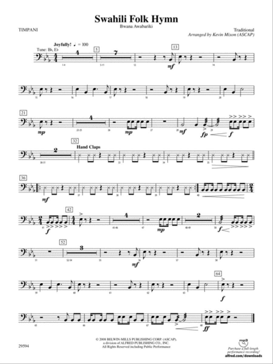 Swahili Folk Hymn (Bwana Awabariki): Timpani Concert Band scores gallery preview page 1