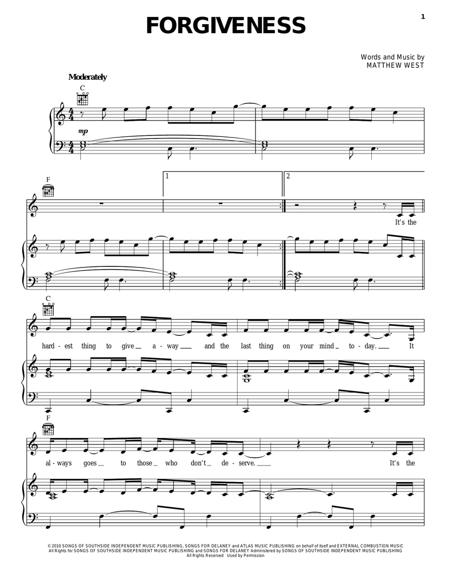 Forgiveness Forgiveness Piano, Vocal, Guitar scores gallery preview page 1