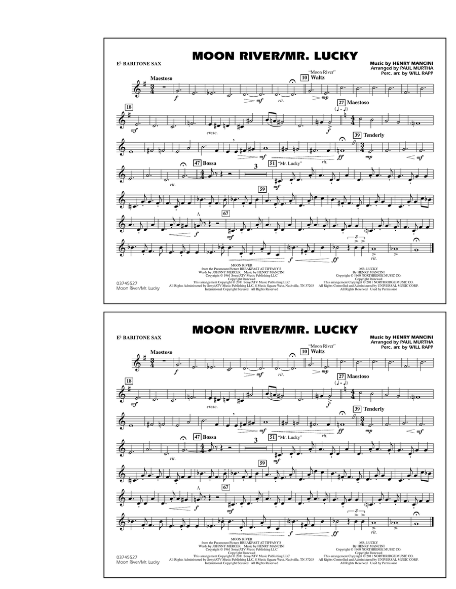 Moon River/Mr. Lucky - Eb Baritone Sax Marching Band scores gallery preview page 1