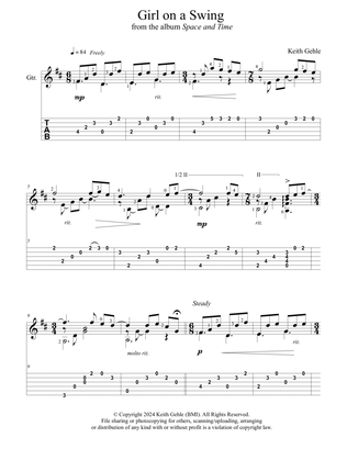 Book cover for "Girl on a Swing" for solo classical fingerstyle guitar (+TAB)