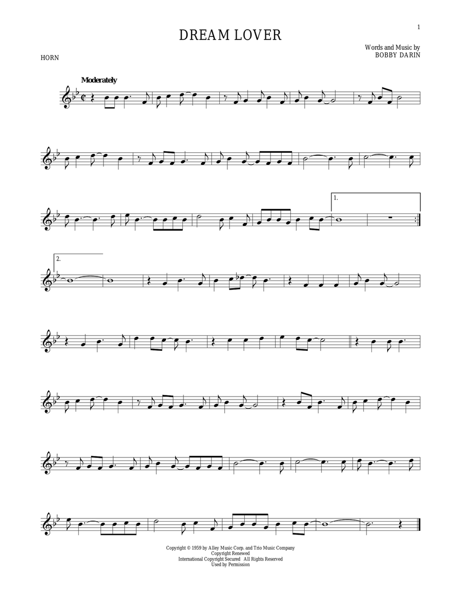 Dream Lover Dream Lover Horn Solo scores gallery preview page 1