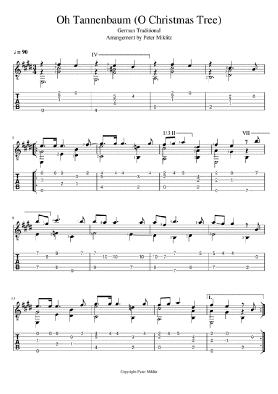 Oh Tannenbaum (O Christmas Tree) in Standard Notation and TAB Acoustic Guitar scores gallery preview page 1
