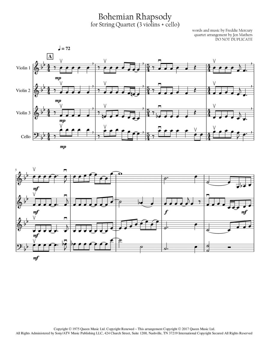 Bohemian Rhapsody String Quartet scores gallery preview page 1