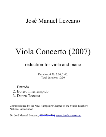 Concerto for Viola, String Orchestra, and Percussion; reduction for Viola and Piano.