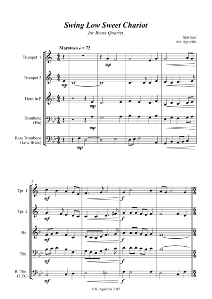 Swing Low Sweet Chariot - A Jazz Arrangement - for Brass Quartet