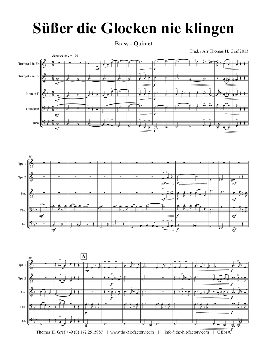 Süßer die Glocken nie klingen - German Christmas Song - Brass Quintet Brass Quintet scores gallery preview page 1