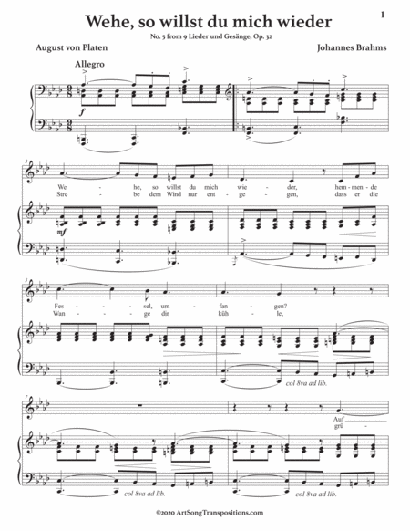 BRAHMS: Wehe, so willst du mich wieder, Op. 32 no. 5 (transposed to F minor)