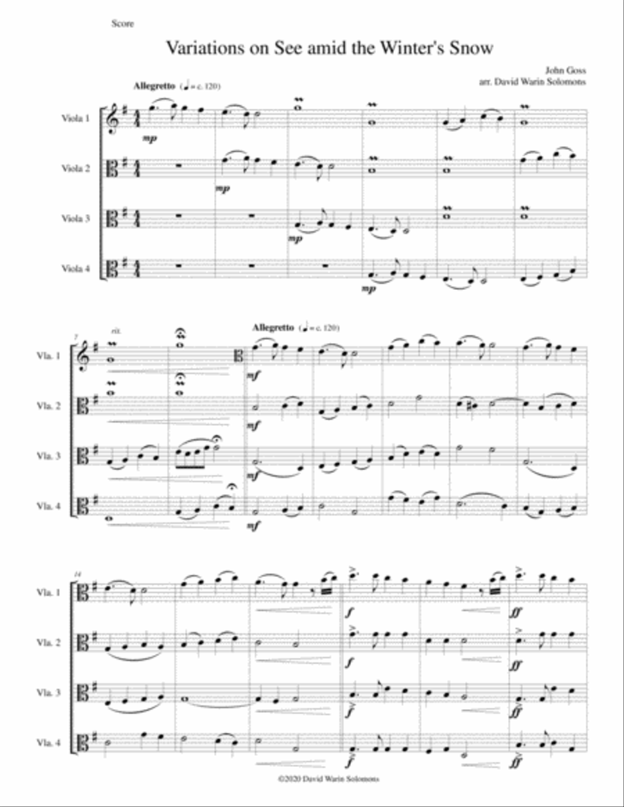 Variations on See amid the Winter's Snow for viola quartet Viola Solo scores gallery preview page 1