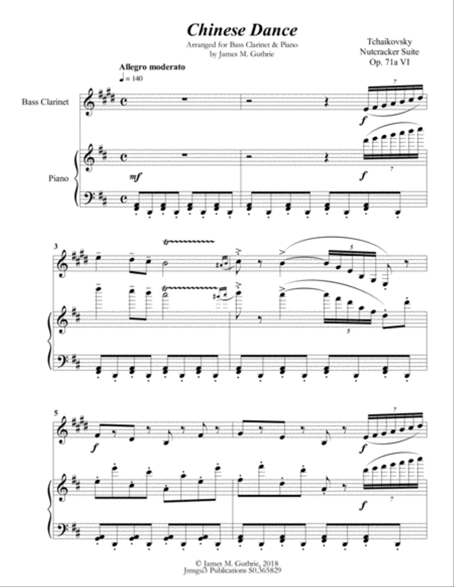 Tchaikovsky: Chinese Dance from Nutcracker Suite for Bass Clarinet & Piano Bass Clarinet scores gallery preview page 2