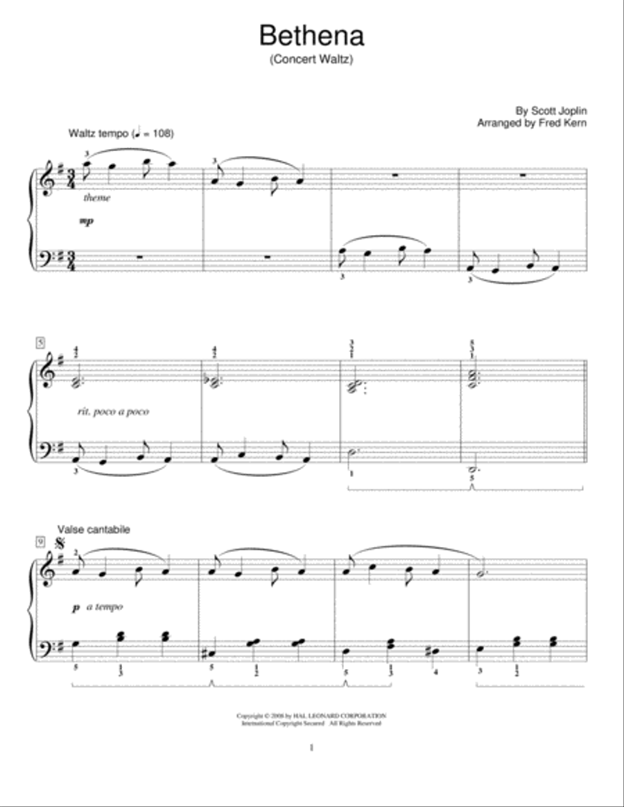 Bethena, Ragtime Waltz Piano Method scores gallery preview page 1