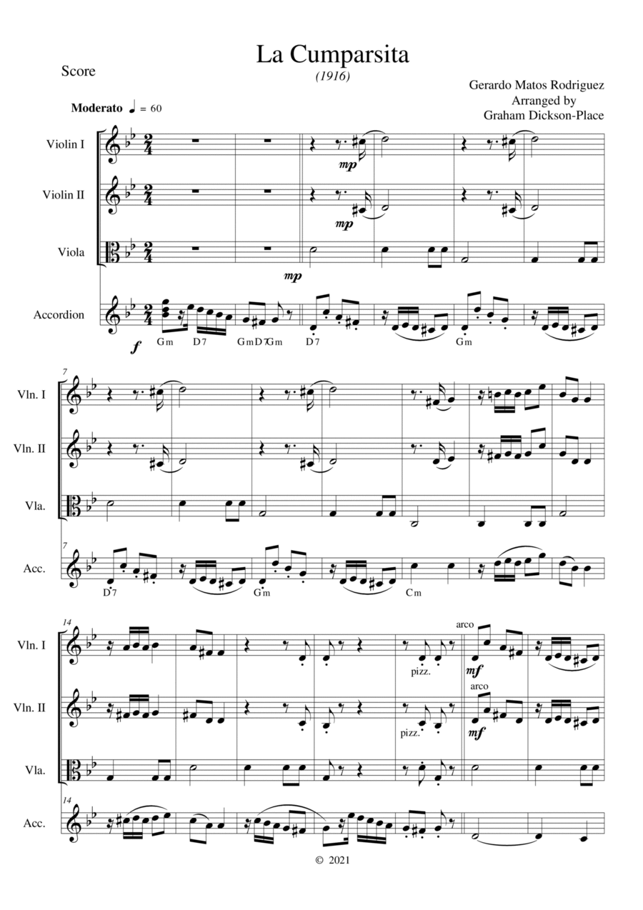 La Cumparsita (1909) Arranged by Graham Dickson-Place for Accordion, Violin 1, Violin 2 and Viola Small Ensemble scores gallery preview page 1