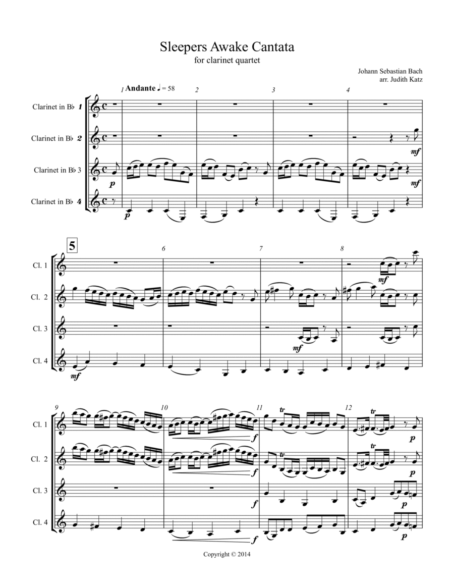 Sleepers Awake Cantata - for clarinet quartet Clarinet Quartet scores gallery preview page 1