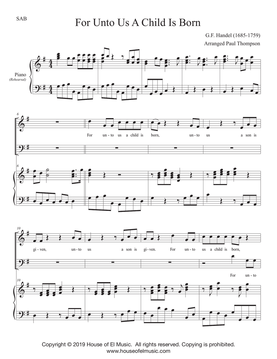 For Unto Us - The Messiah for Young Voices (SAB) 3-Part scores gallery preview page 1