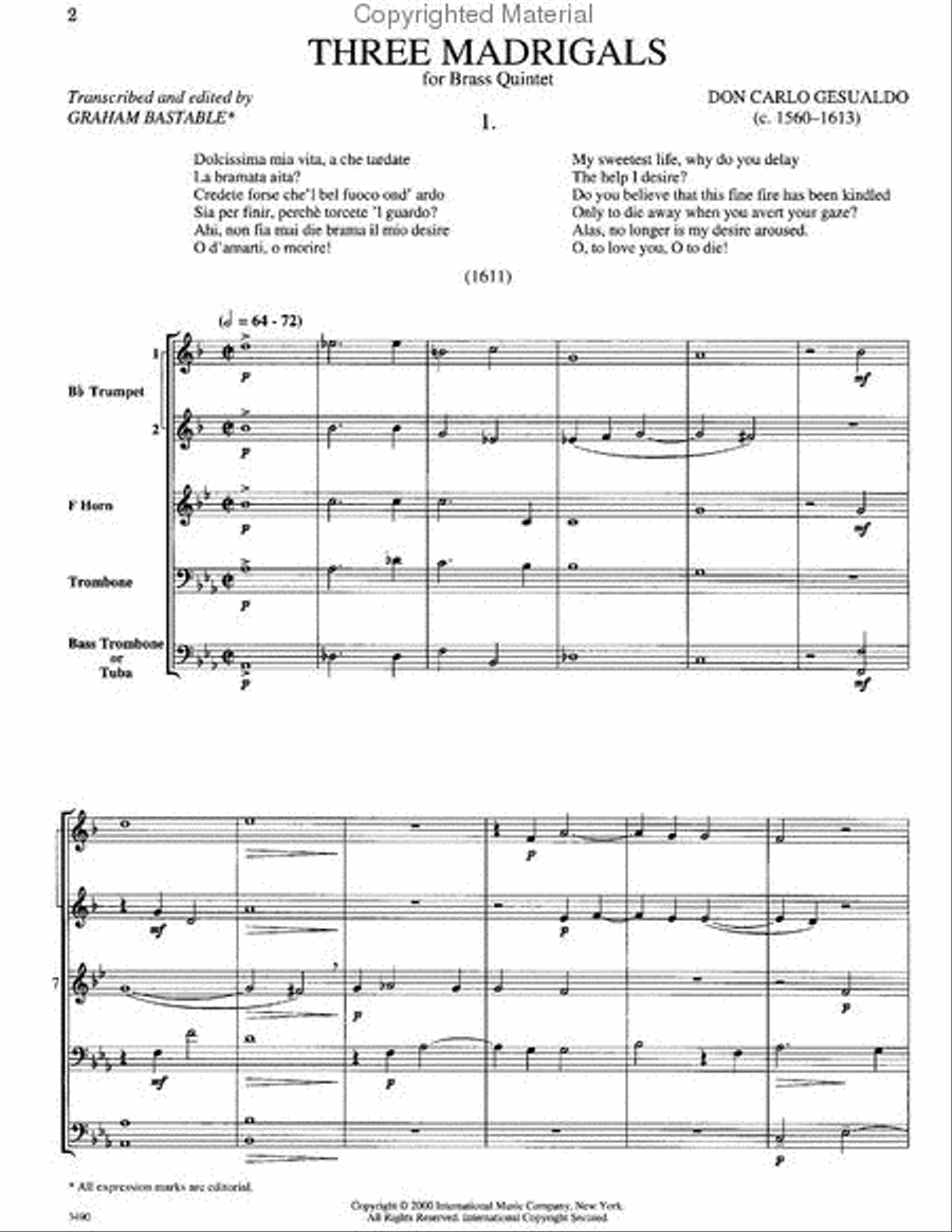 Three Madrigals For 2 Trumpets In B, Horn In F, Trombone & Bass Trombone Or Tuba Brass Ensemble scores gallery preview page 2