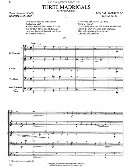 Three Madrigals For 2 Trumpets In B, Horn In F, Trombone & Bass Trombone Or Tuba