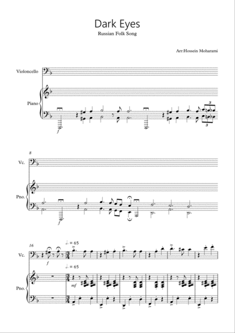 Dark Eyes sheet music for Cello & Piano Piano scores gallery preview page 1