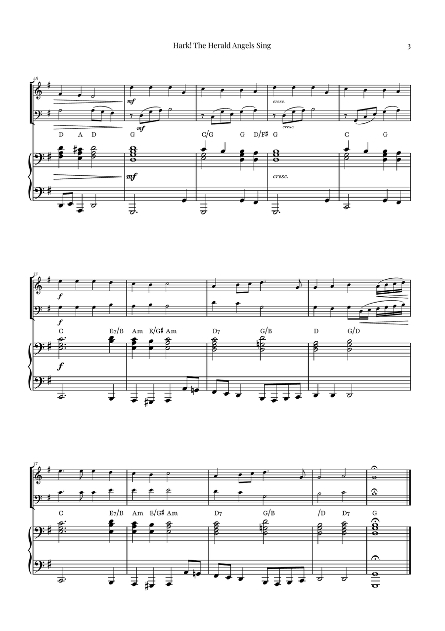 Hark! The Herald Angels Sing Duet Arrangement | Christmas Carol Sheet Music Piano Trio scores gallery preview page 3