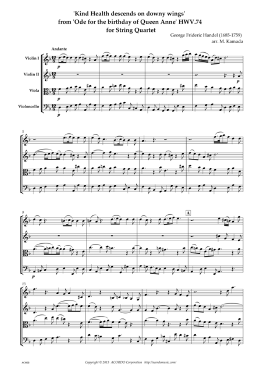 'Kind Health descends on downy wings' from 'Ode for the birthday of Queen Anne' HWV.74 for String Qu String Trio scores gallery preview page 1
