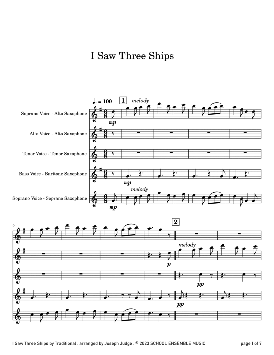 I Saw Three Ships for Saxophone Quartet in Schools Saxophone Quartet scores gallery preview page 1