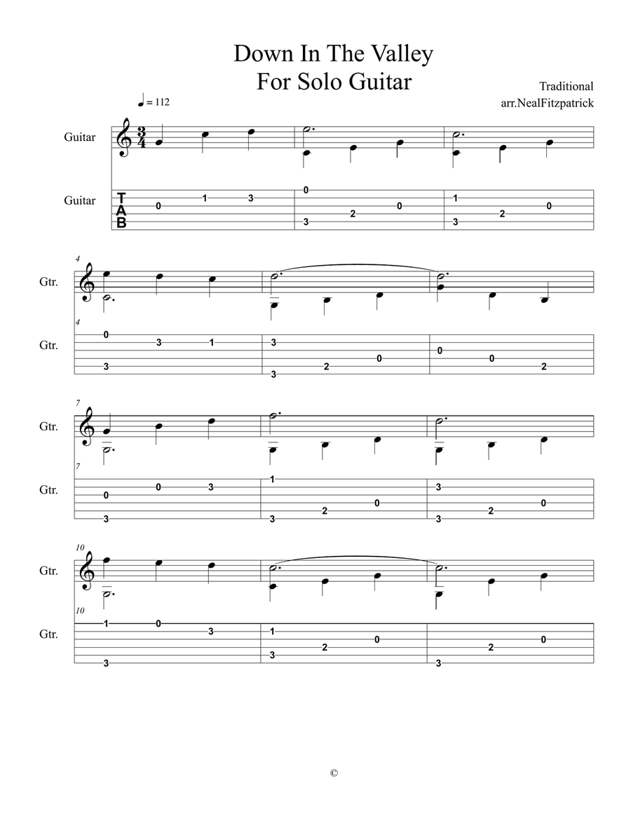 Down In The Valley For Solo Guitar-Beginner Acoustic Guitar scores gallery preview page 1