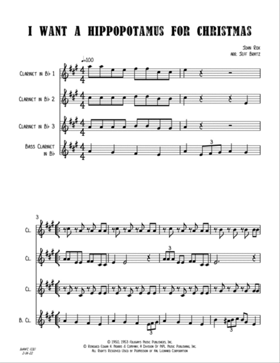 I Want A Hippopotamus For Christmas (hippo The Hero) Woodwind Quartet scores gallery preview page 2