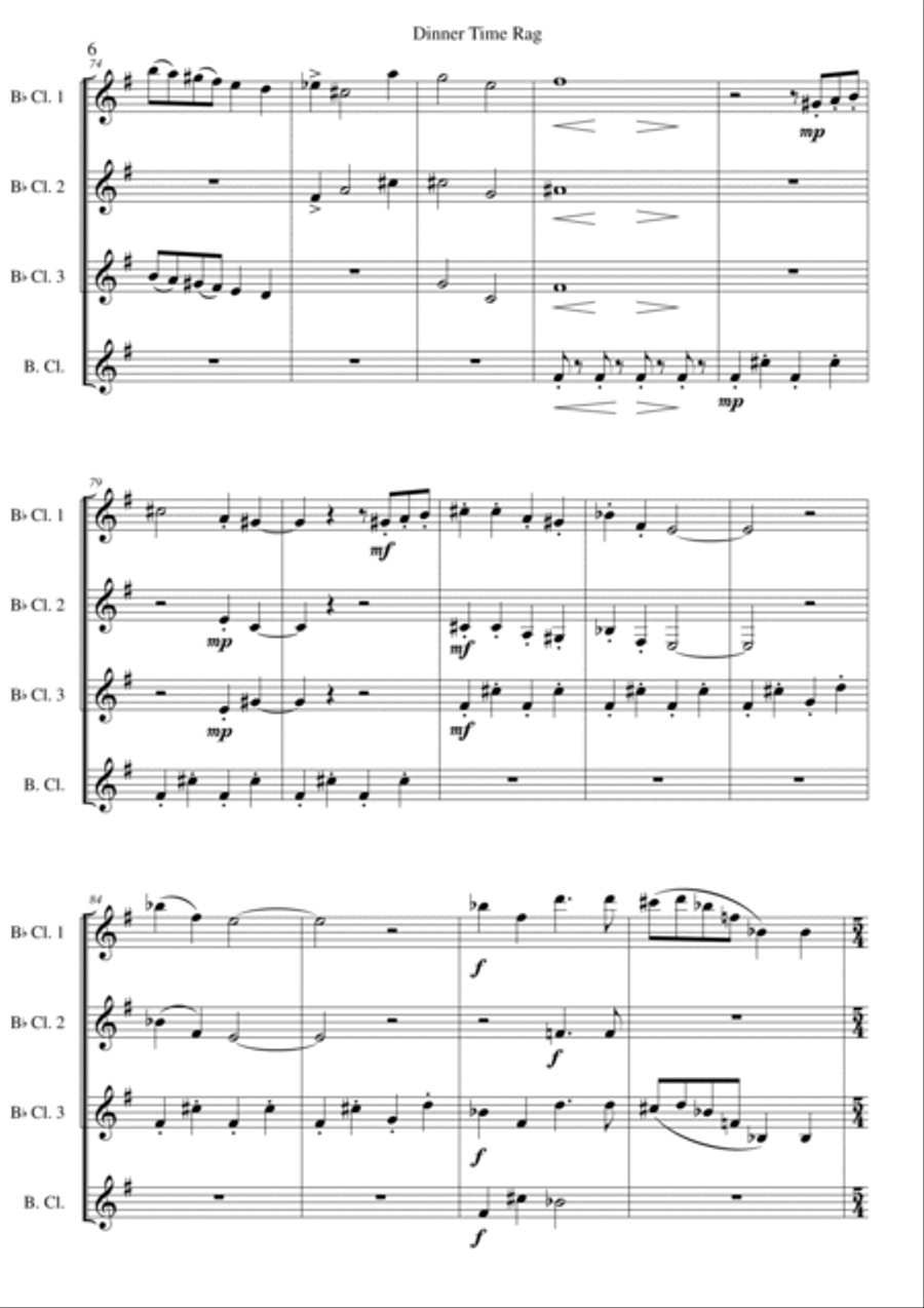 Dinner Time Rag for clarinet quartet (3 B-flat clarinets, 1 bass clarinet) Clarinet Quartet scores gallery preview page 6