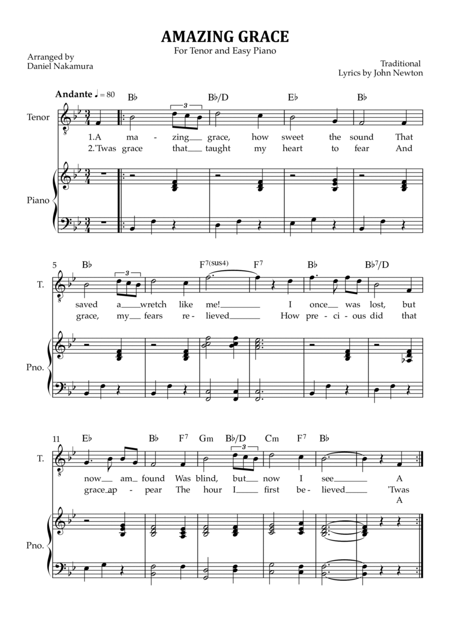 Amazing Grace (for tenor vocal with easy piano) Voice scores gallery preview page 1
