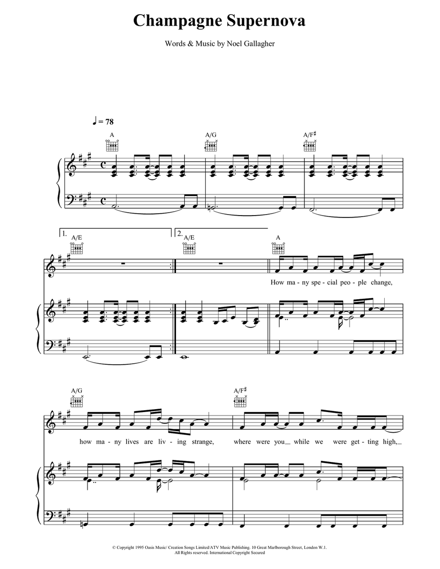 Champagne Supernova Piano, Vocal, Guitar scores gallery preview page 1