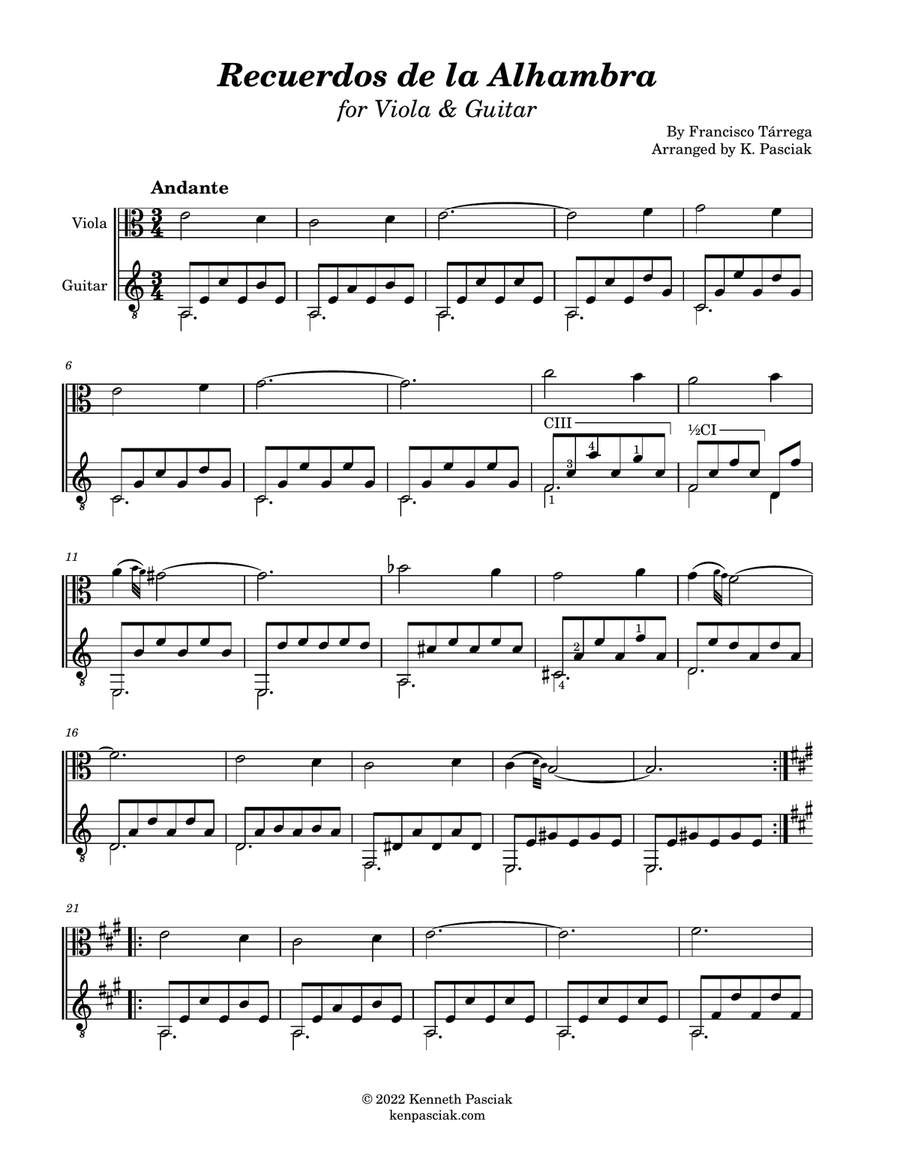 Recuerdos de la Alhambra (for Viola and Guitar) String Duet scores gallery preview page 2