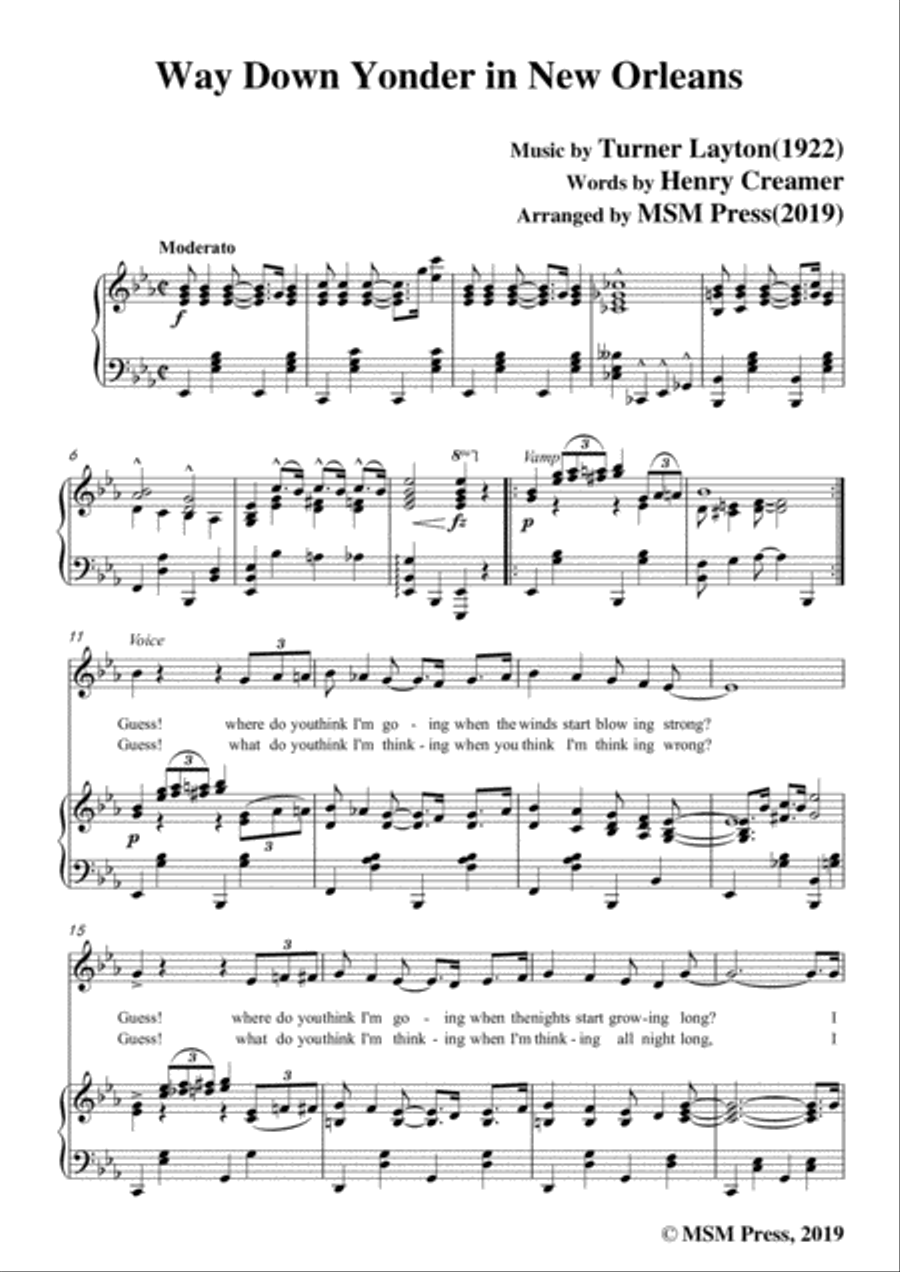 Turner Layton-Way Down Yonder in New Orleans,in E flat Major,for Voice&Pno Voice scores gallery preview page 3