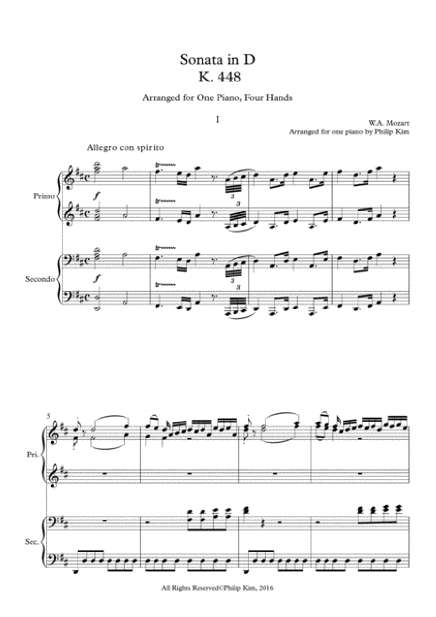 Mozart Sonata in D, K. 448 for 2 Pianos (Complete) Arranged for 1 piano-4 hands by Philip Kim 1 Piano, 4-Hands scores gallery preview page 3