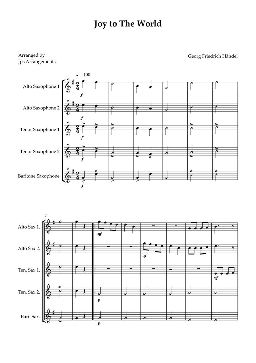 Joy To The World Sax quintet easy beginner Saxophone Quintet scores gallery preview page 1