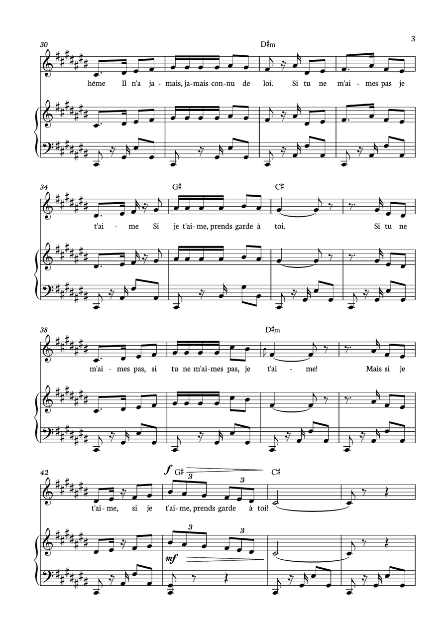 Habanera - Carmen for piano, chords and voice in C# minor. Piano, Vocal scores gallery preview page 3